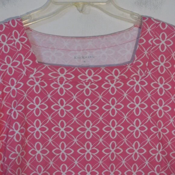 * Kim Rogers Casual Blouse XL Pink White Flowers Stretch - Picture 2 of 3